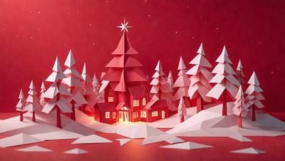 The primary subject of the image is a red paper Christmas tree, which is the main object in the scene. The setting is a snowy landscape, with a house and trees in the background. The visual style is a combination of digital art and illustration, creating a festive and cozy atmosphere. The dominant colors are red and white, with the red paper Christmas tree standing out against the white snow.